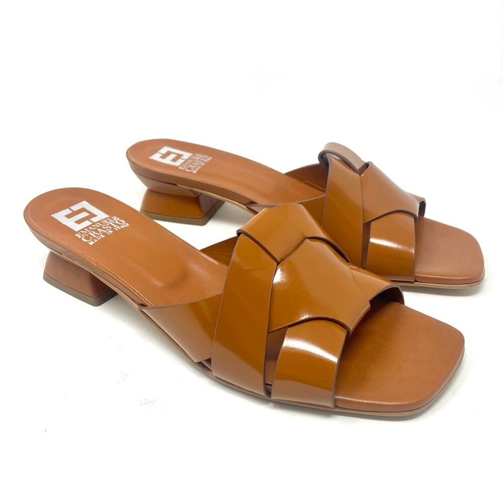NEW EMANUELE CRASTO Square Toe Brown Leather Flat Slide Heel Sandals Women's 10